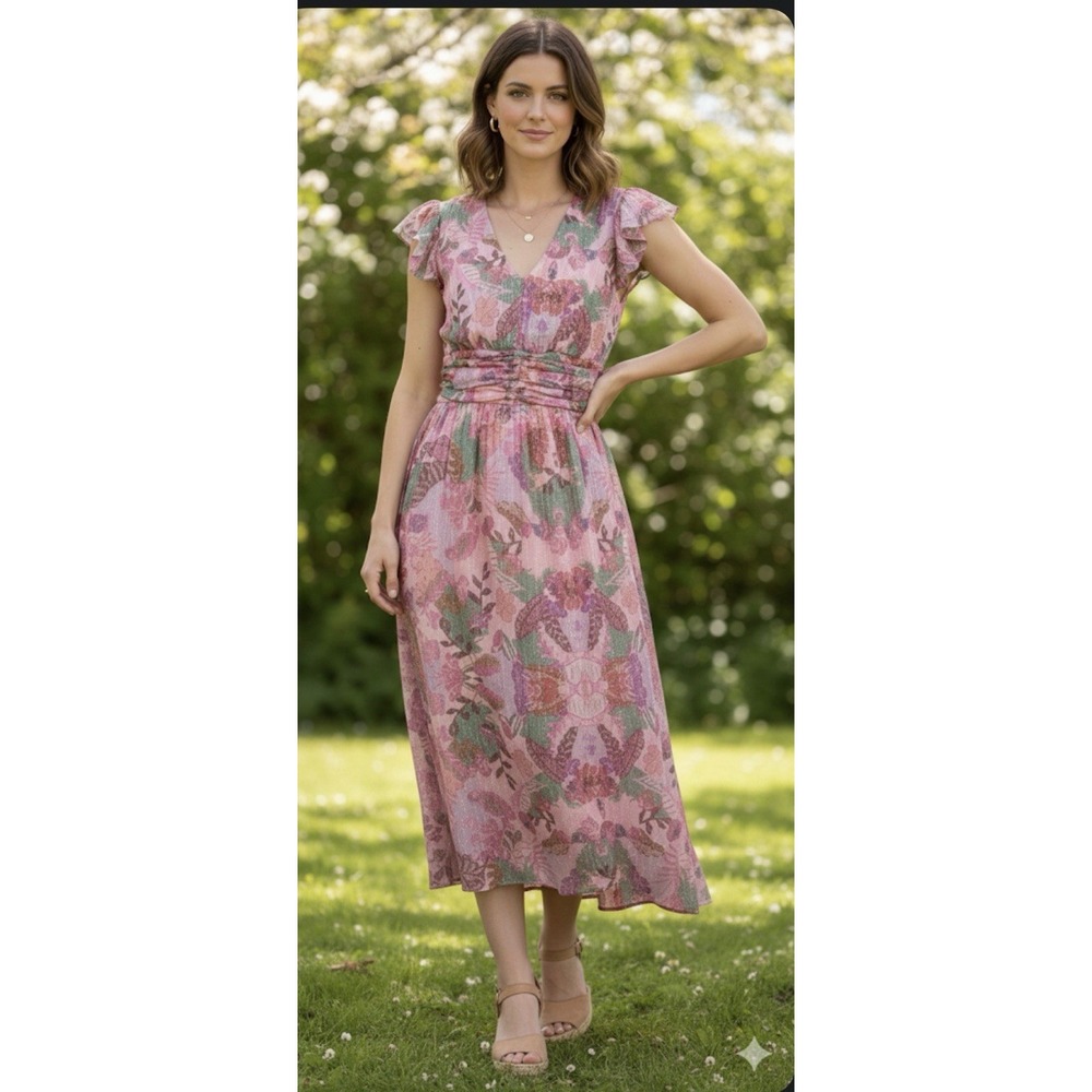 CIEBON Jennsen Ruched Flutter Sleeve‎ Maxi Dress In Pink Size Small Floral